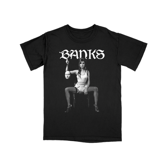 Black t-shirt with graphic design and 'BANKS' text on a white background