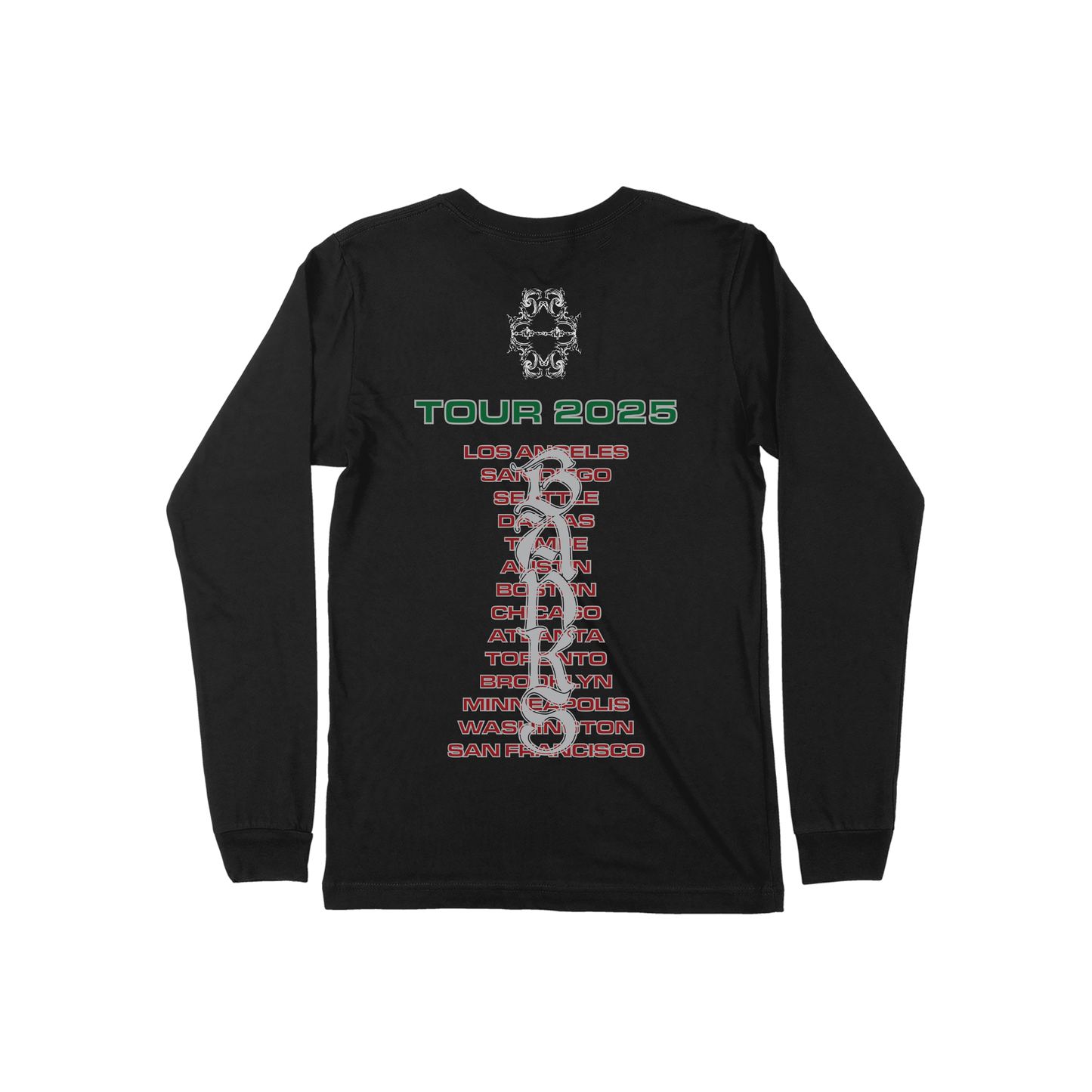 Black long-sleeve shirt with tour dates printed on the back against a white background