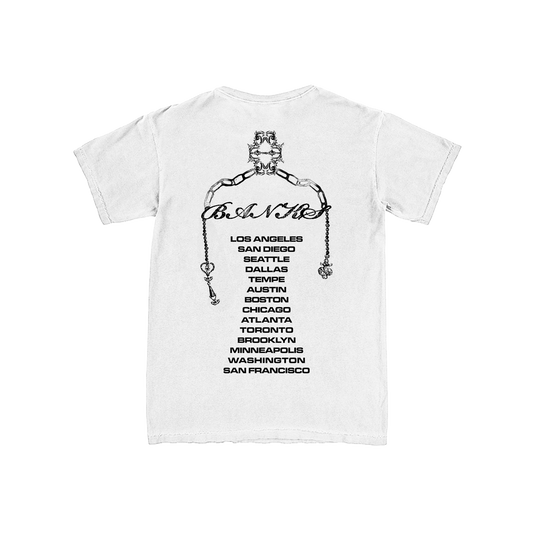 White t-shirt with black graphic design and text on a white background