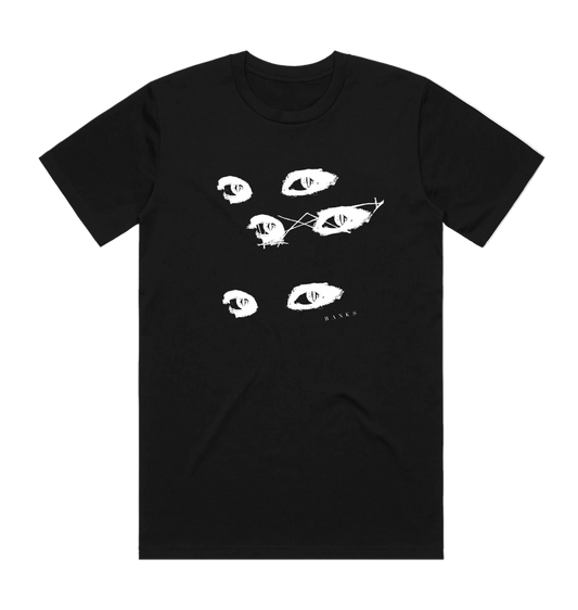 A black short-sleeve crewneck t-shirt featuring a white graphic print of stylized, sketchy eyes on the front
