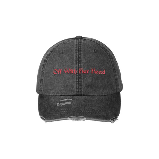 Black distressed cap with red text 'Off With Her Head'