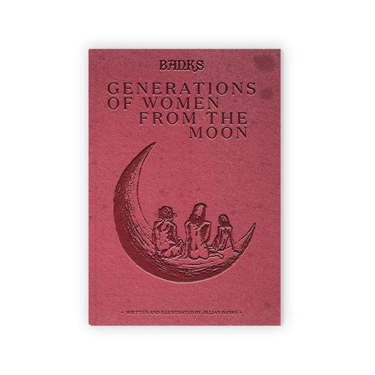 The image shows the cover of a poetry book titled "Generations of Women From The Moon" by Jillian Banks. The cover has a pinkish hue with an illustration of three women sitting on a crescent moon.