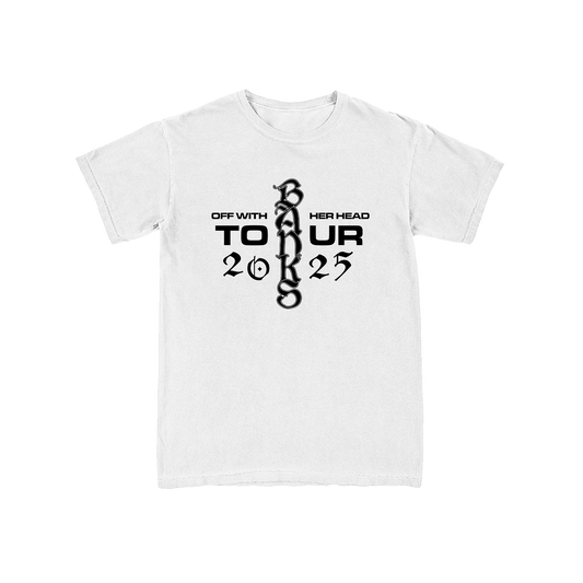 White t-shirt with BANKS Tour text and design