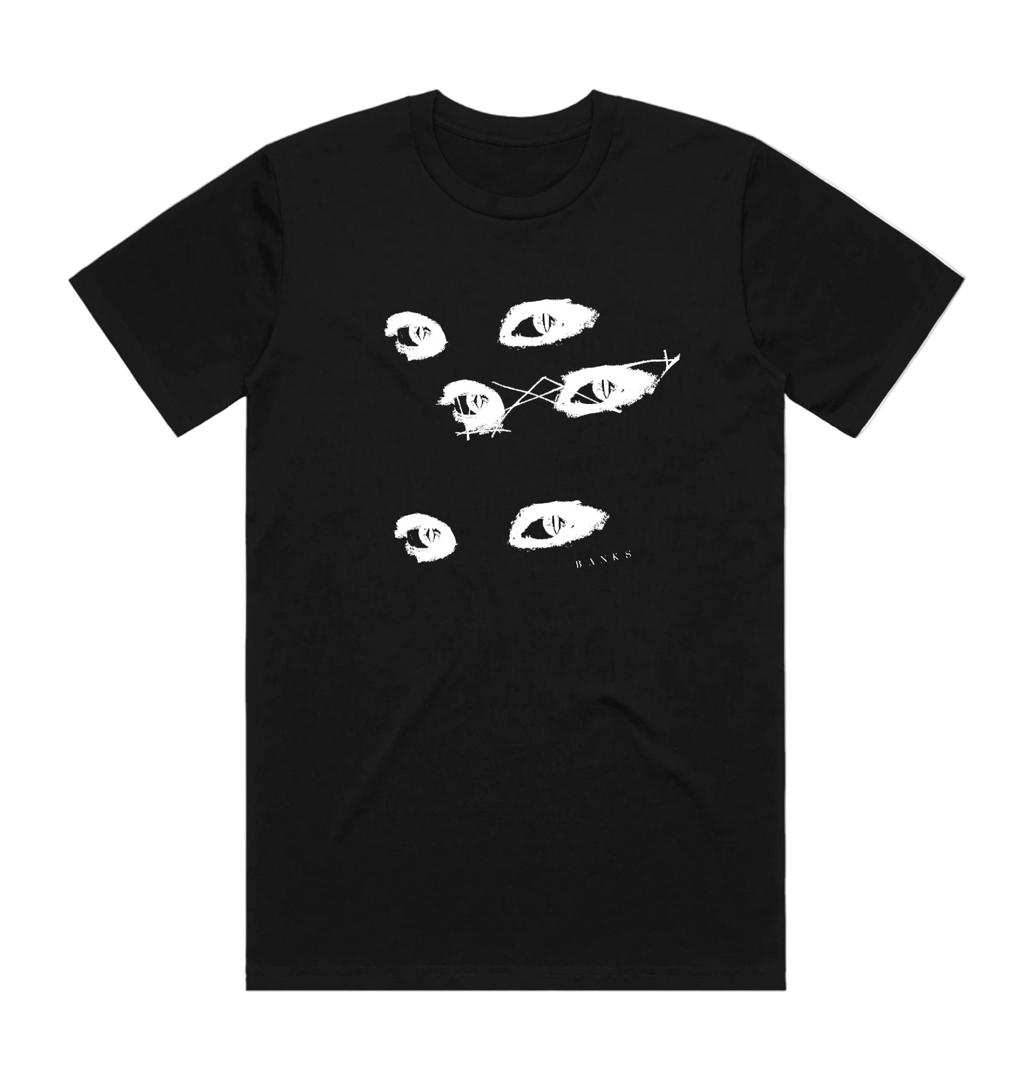 A black short-sleeve crewneck t-shirt featuring a white graphic print of stylized, sketchy eyes on the front