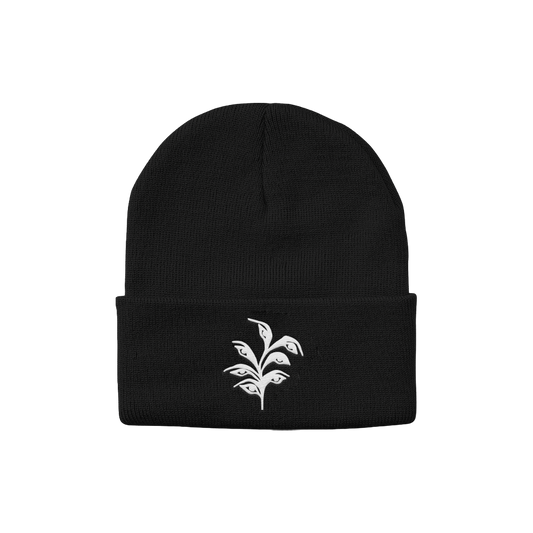 12" cuffed black beanie featuring the Plant Eyes design!  100% Acrylic