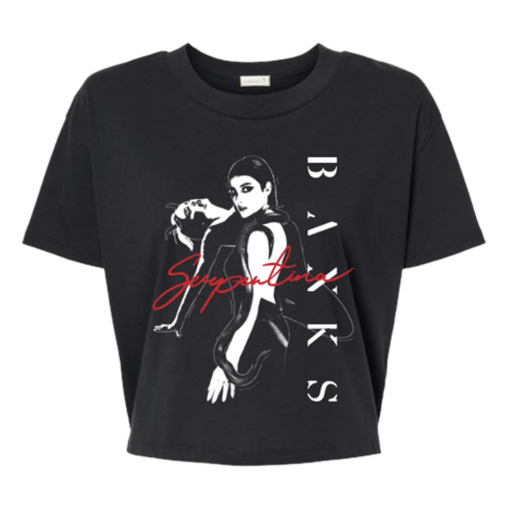 Cropped black t-shirt featuring Serpentina artwork