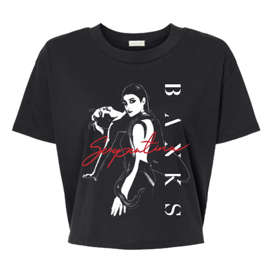 Cropped black t-shirt featuring Serpentina artwork