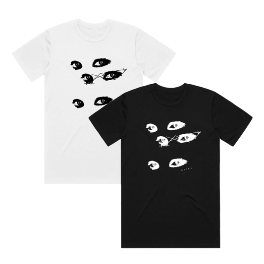 Staring eyes black and white tees product shot Banks