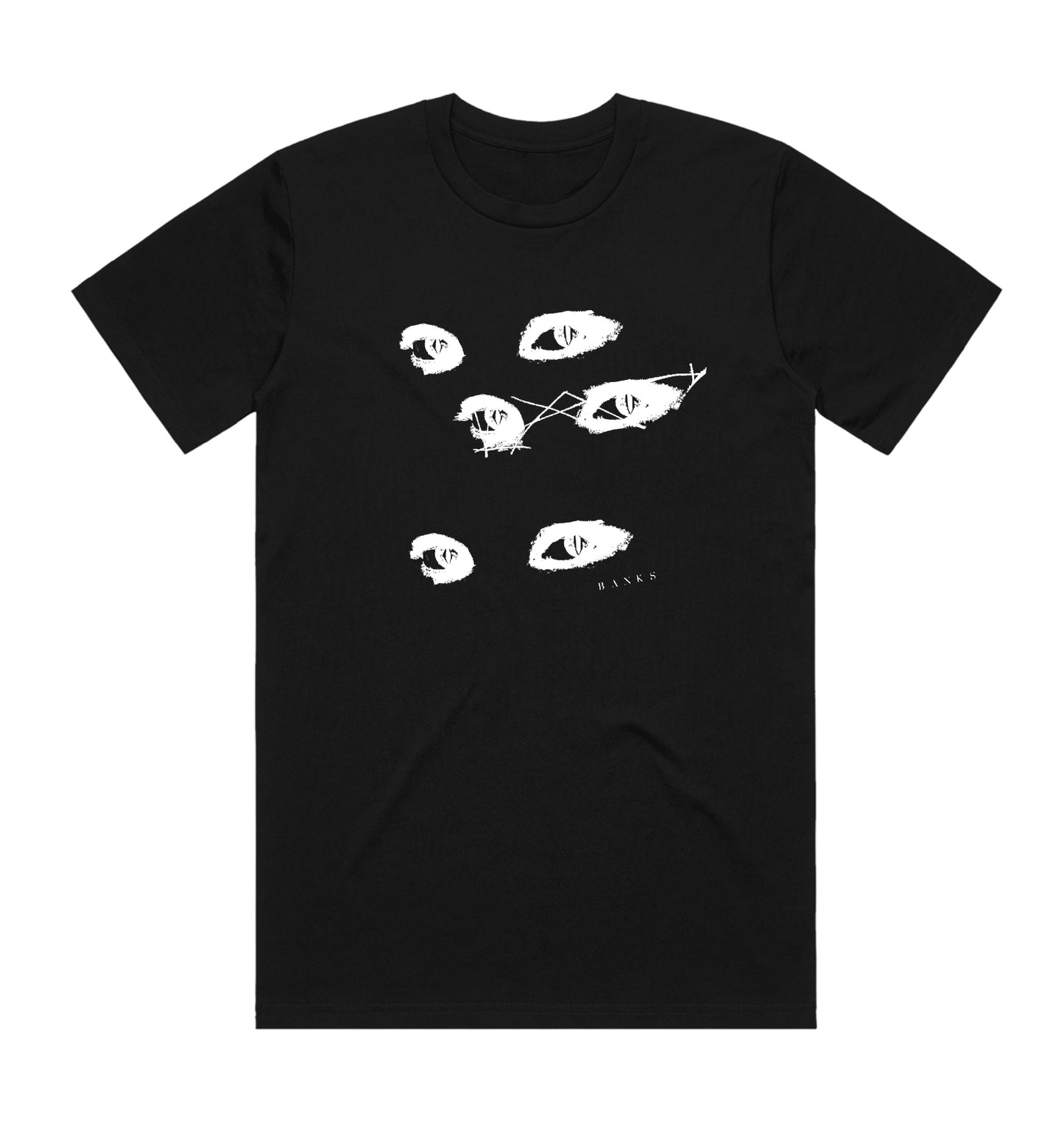 Staring eyes black tee product shot Banks 