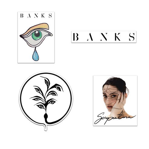 Sticker bundle with Banks crying eye drawing, Banks black and white name design, plant with eye leaves in a snake circle, and Serpentina album cover product shot Banks