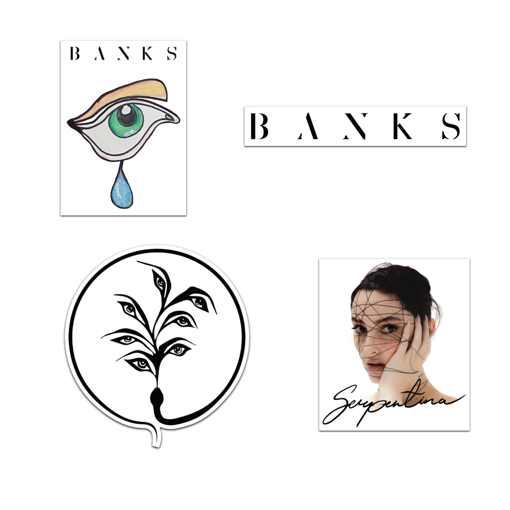 Sticker bundle with Banks crying eye drawing, Banks black and white name design, plant with eye leaves in a snake circle, and Serpentina album cover product shot Banks