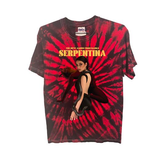 Tie-dye t-shirt with a graphic print of a person and the text 'Serpentina'